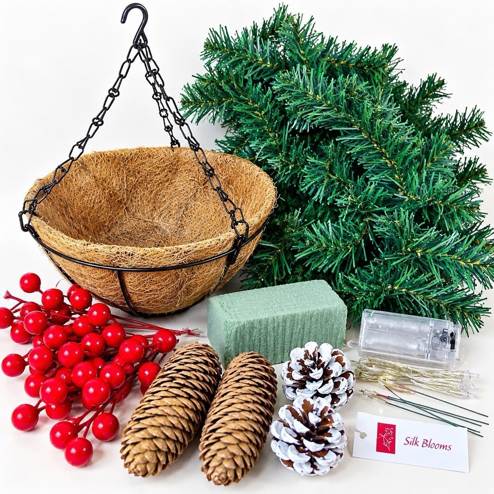 Silk Blooms Christmas Hanging Basket DIY Craft Kit Holiday Decor Evergreen Berry